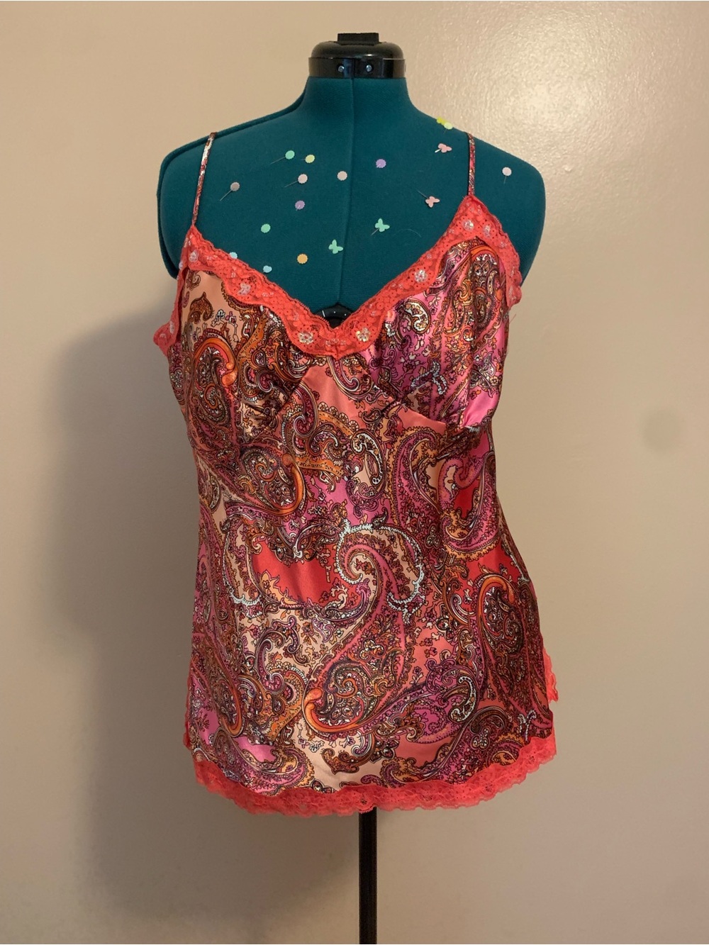 VINTAGE Mixit Silky Paisley Camisole with Lace Trim and Sequin-detailing